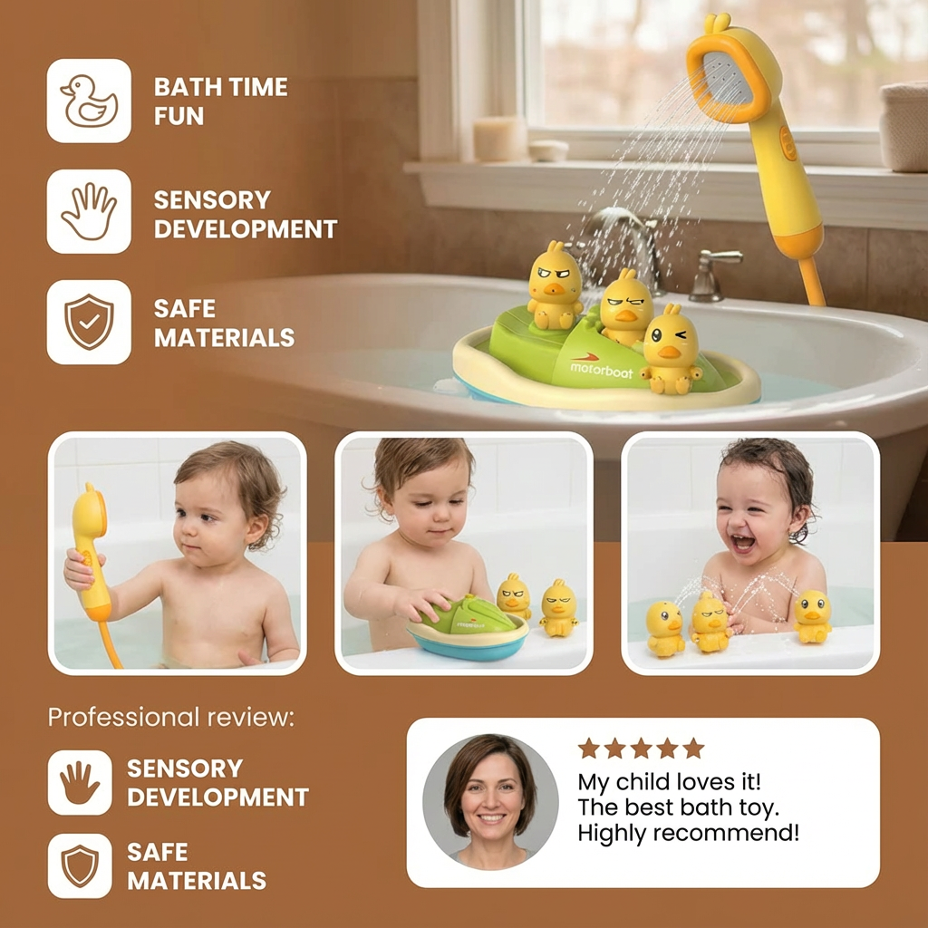 Bath Time Duck Fountain with a Battery Powered Shower Head, Squirting Ducks and a Motorized Floating Boat