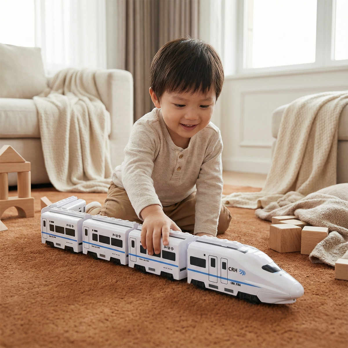 Colorful Linking Chain Train Toy for Toddlers with Carriages to Push and Pull in Three Set Sizes