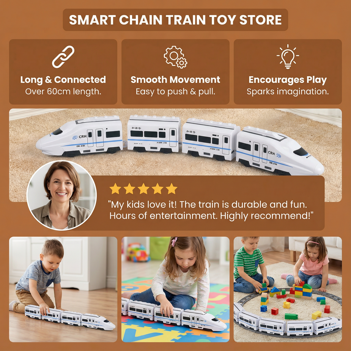 Colorful Linking Chain Train Toy for Toddlers with Carriages to Push and Pull in Three Set Sizes