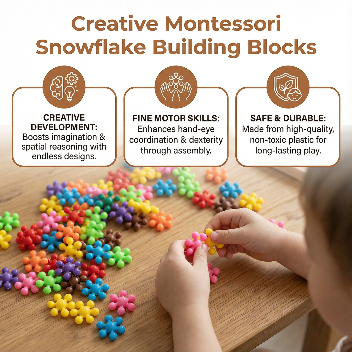 Snowflake Shaped Interlocking Blocks in Sets of 50 to 290 Pieces with Storage Box for Open Play