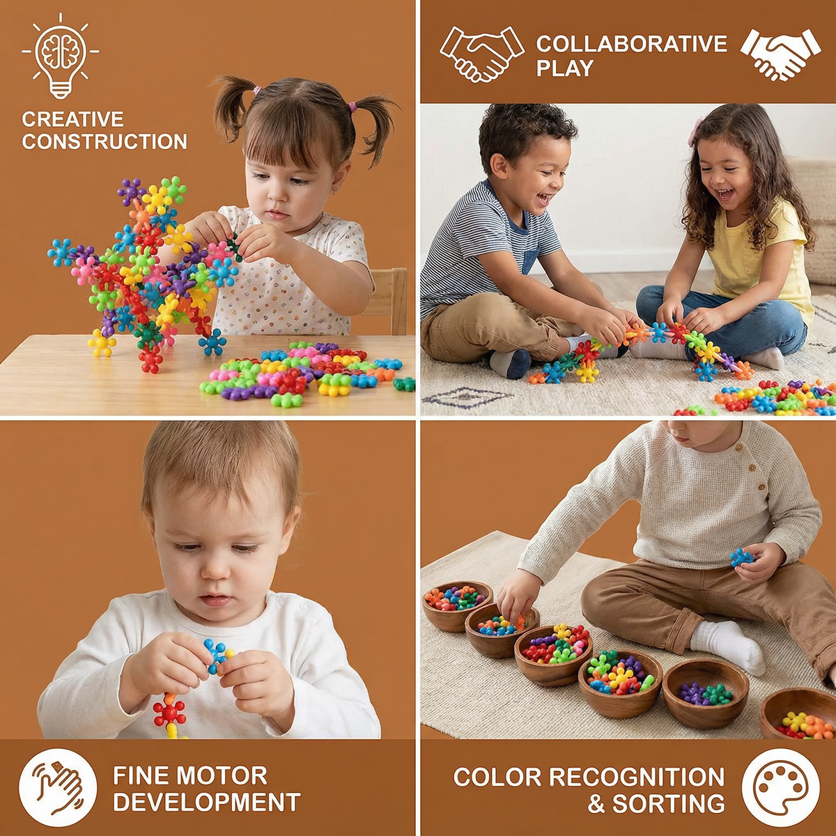 Snowflake Shaped Interlocking Blocks in Sets of 50 to 290 Pieces with Storage Box for Open Play