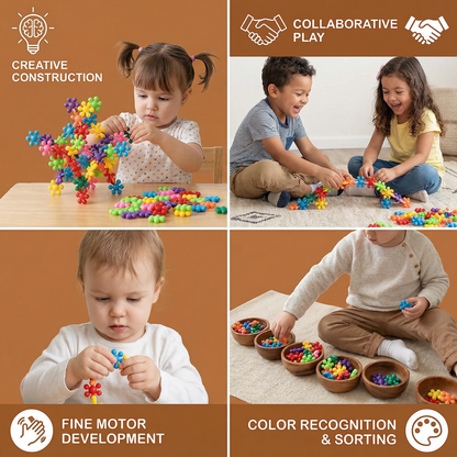 Snowflake Shaped Interlocking Blocks in Sets of 50 to 290 Pieces with Storage Box for Open Play