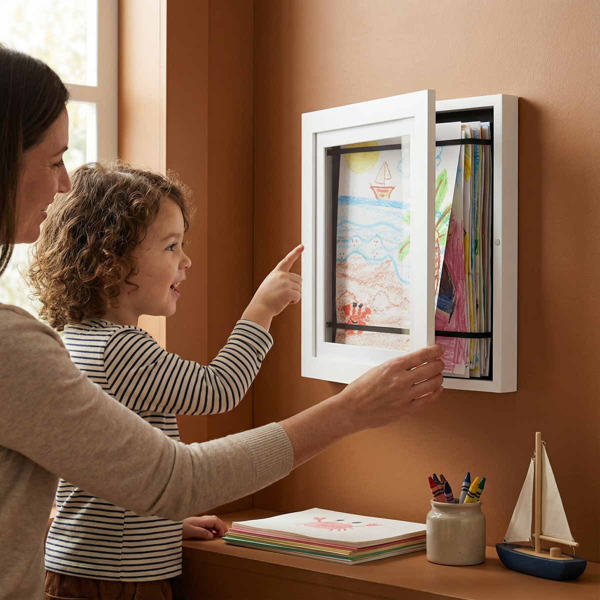 Flip Open Display Frame That Stores 150 Kids Drawings with Clean Modern Style in Three Colors