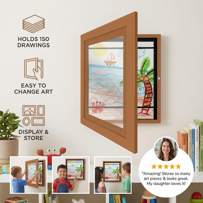 Flip Open Display Frame That Stores 150 Kids Drawings with Clean Modern Style in Three Colors
