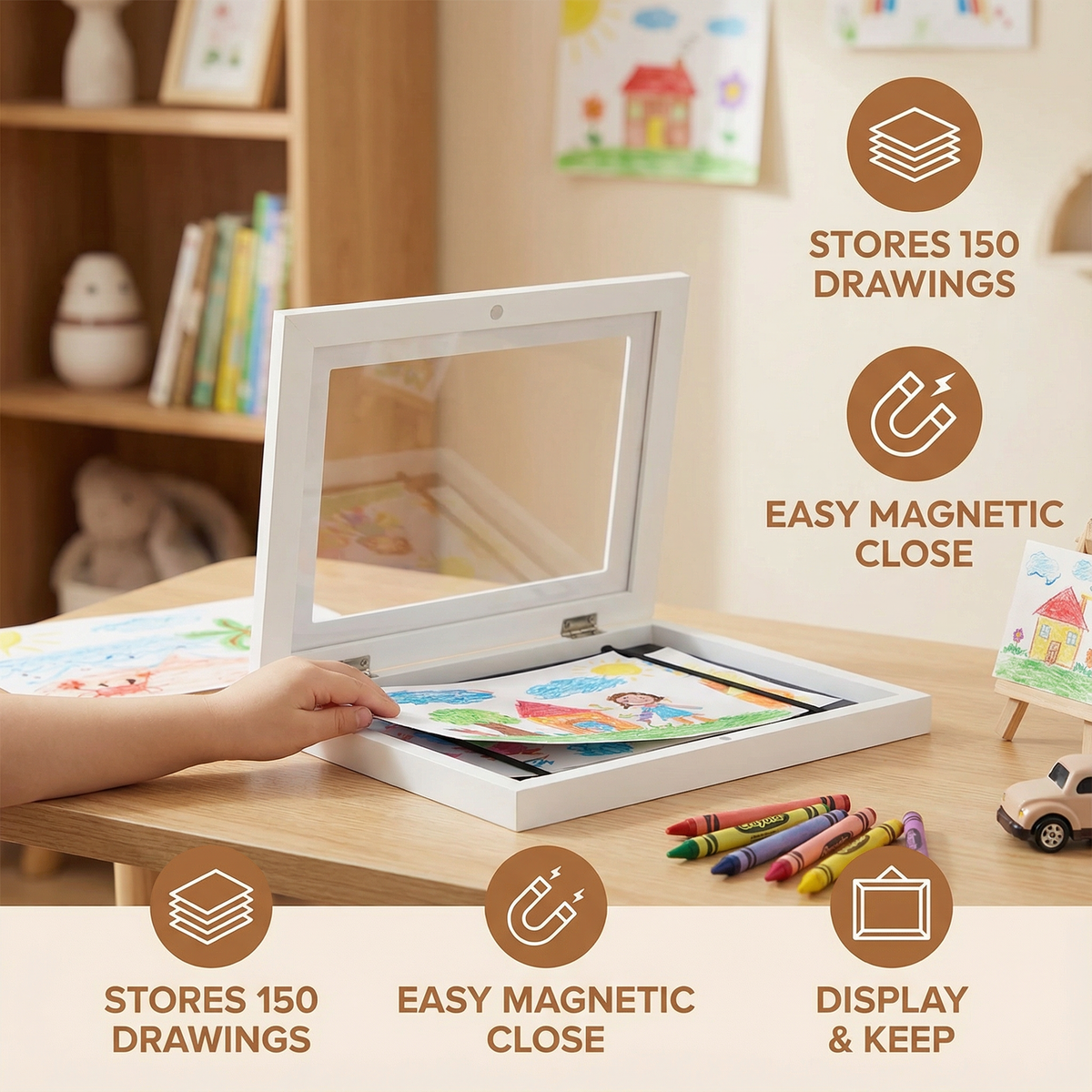 Flip Open Display Frame That Stores 150 Kids Drawings with Clean Modern Style in Three Colors