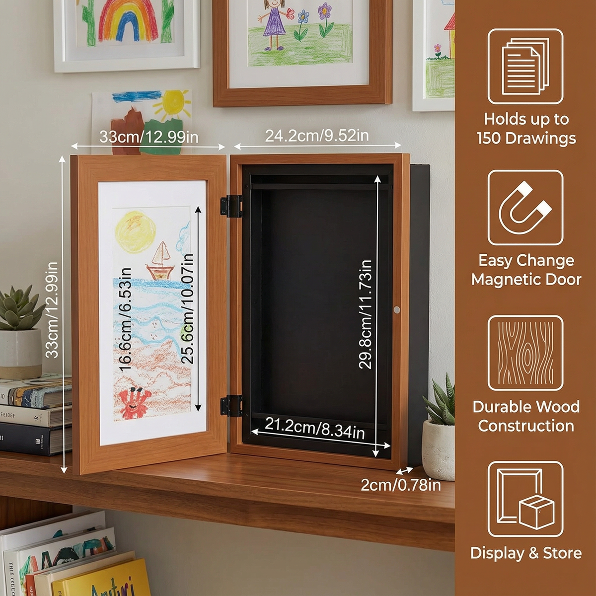 Flip Open Display Frame That Stores 150 Kids Drawings with Clean Modern Style in Three Colors