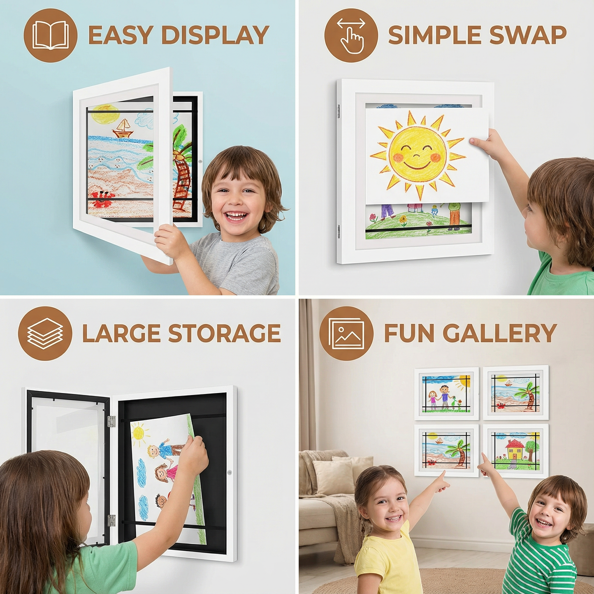 Flip Open Display Frame That Stores 150 Kids Drawings with Clean Modern Style in Three Colors