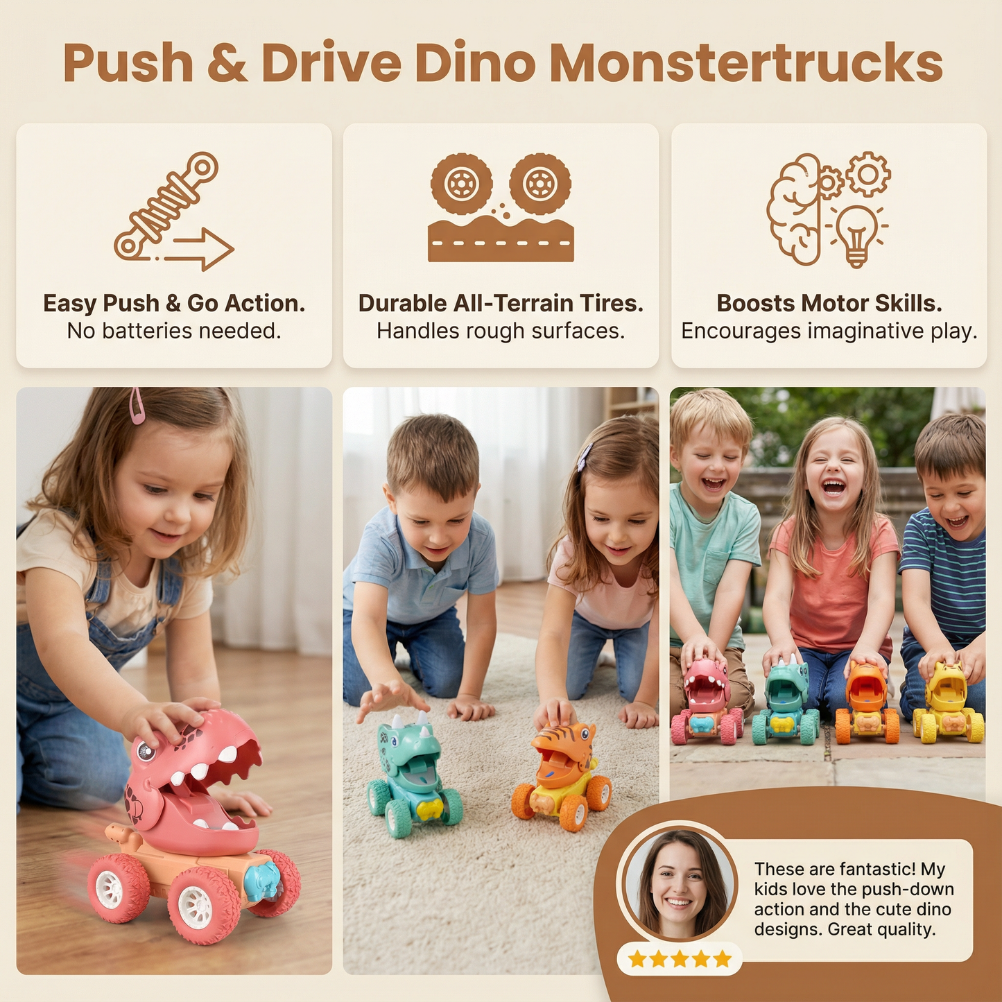 Dinosaur Push Truck with Rolling Wheels and Molded Design for Kids