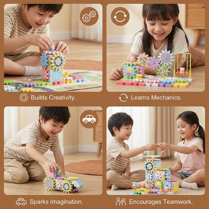 Rotating Gear Building Toy with Interlocking Blocks for Kids