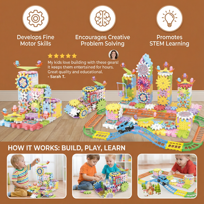 Rotating Gear Building Toy with Interlocking Blocks for Kids