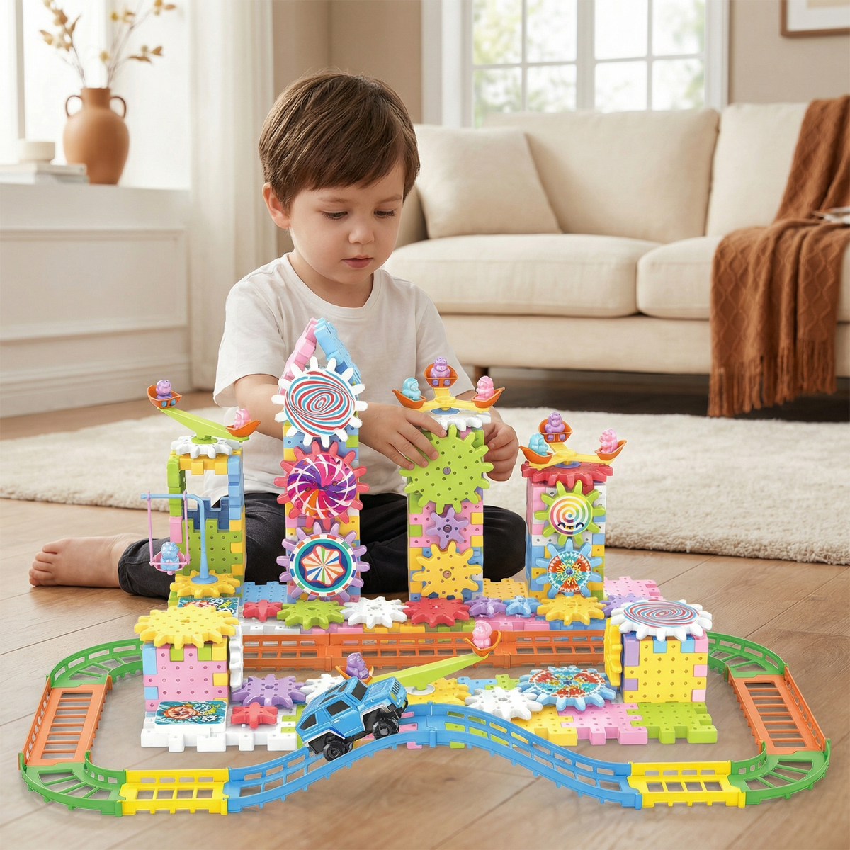 Rotating Gear Building Toy with Interlocking Blocks for Kids