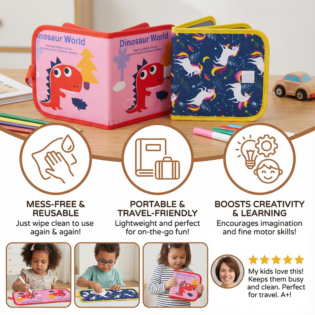 Reusable Wipe Clean Drawing Book for Kids with 6 Fun Cover Designs