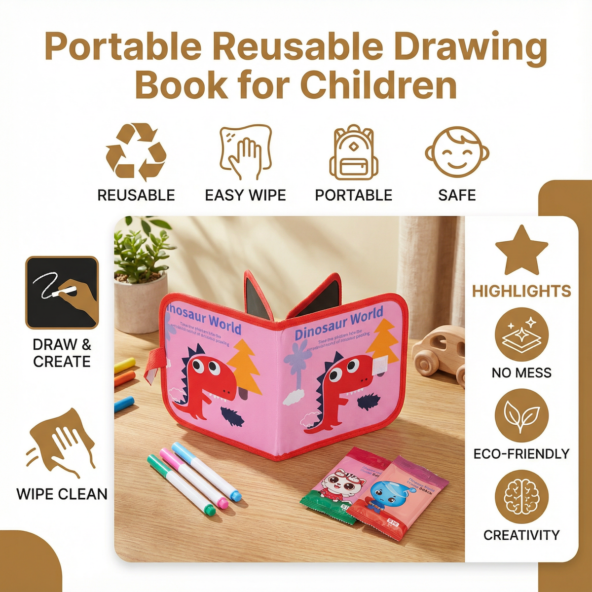 Reusable Wipe Clean Drawing Book for Kids with 6 Fun Cover Designs