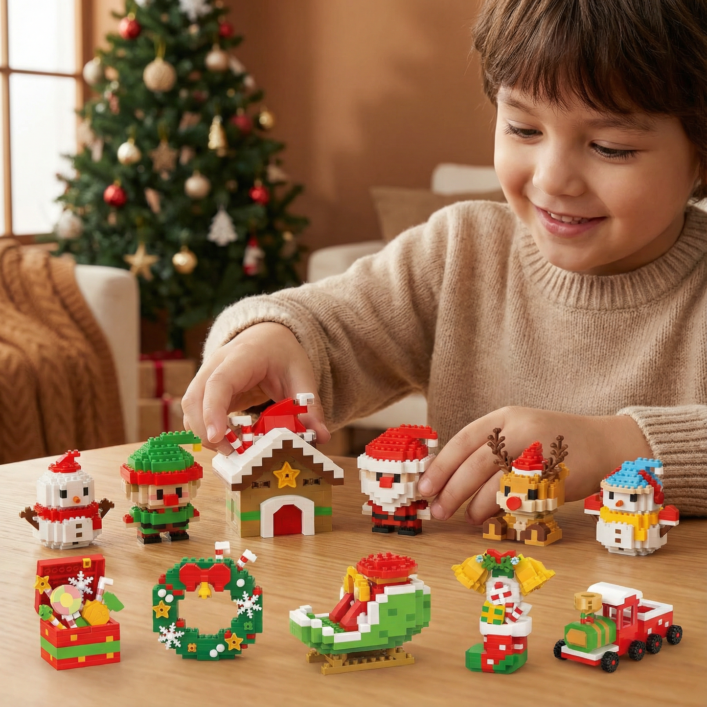 Building Block Christmas Figures with Interlocking Snap Pieces and Assembly Guide