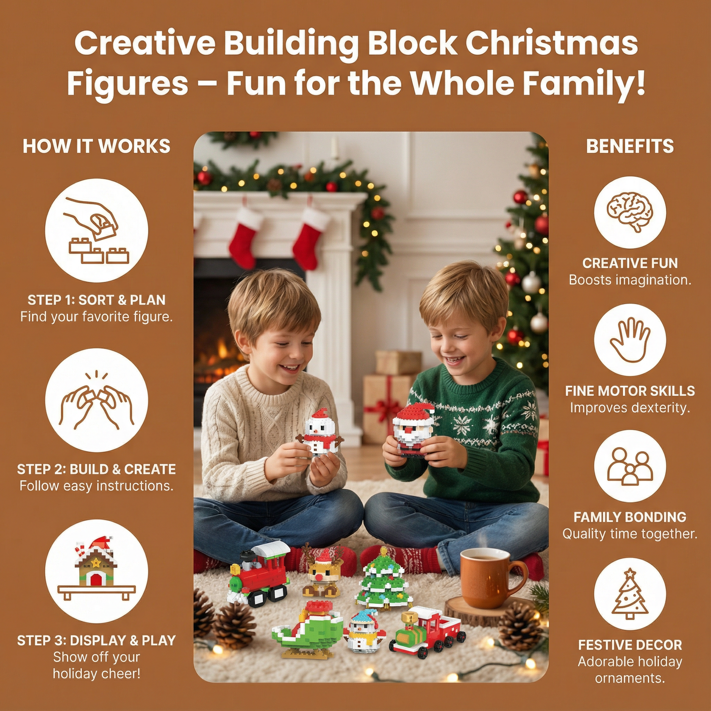 Building Block Christmas Figures with Interlocking Snap Pieces and Assembly Guide