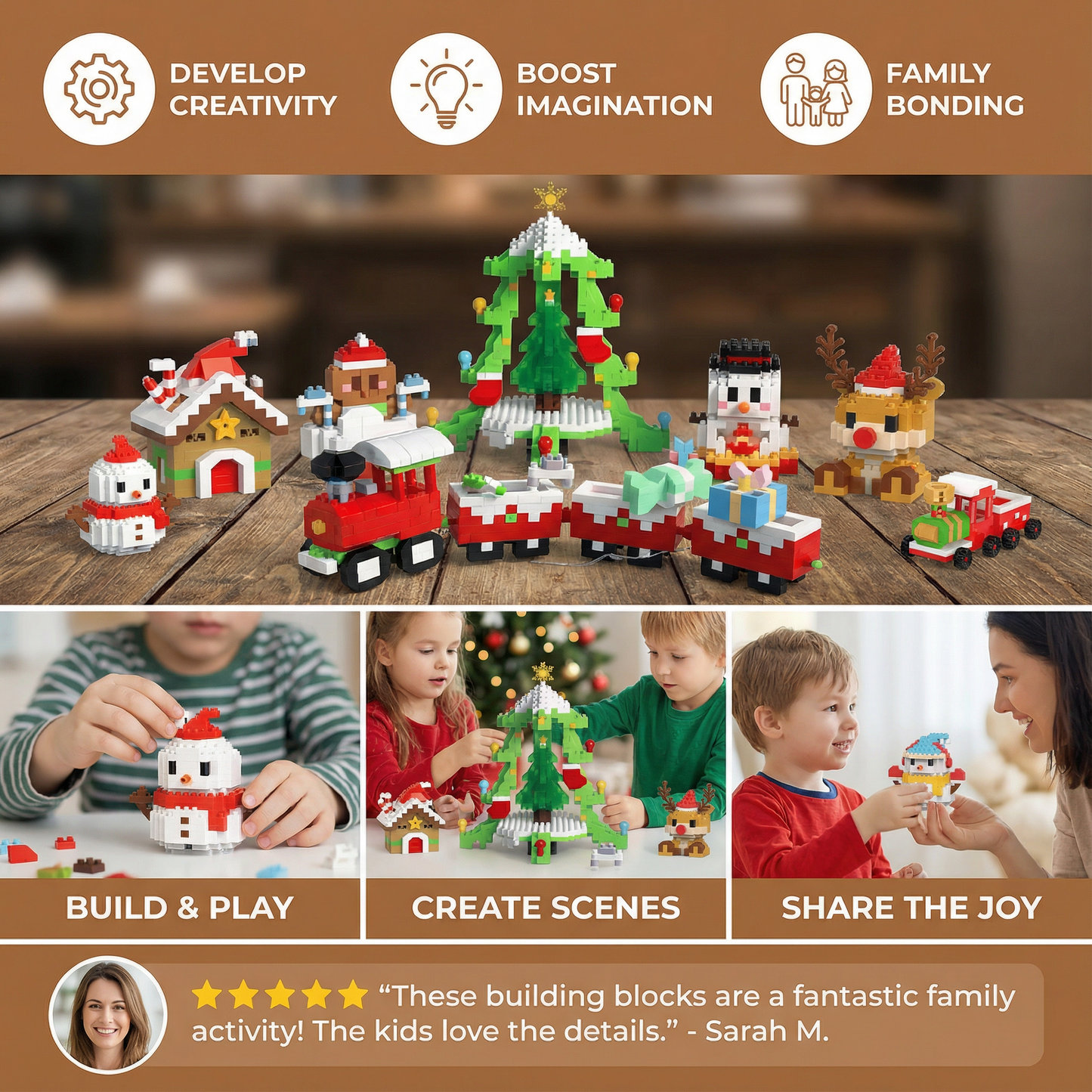 Building Block Christmas Figures with Interlocking Snap Pieces and Assembly Guide