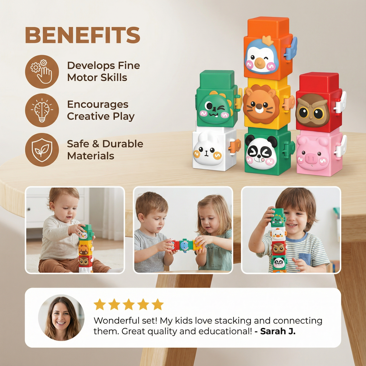 Colorful Animal Face Stacking Blocks for Toddlers with Sorting and Balancing Play