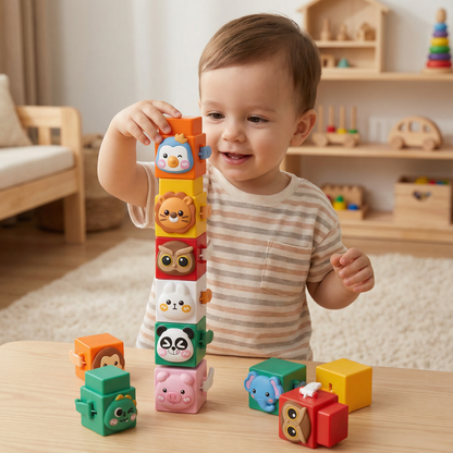 Colorful Animal Face Stacking Blocks for Toddlers with Sorting and Balancing Play