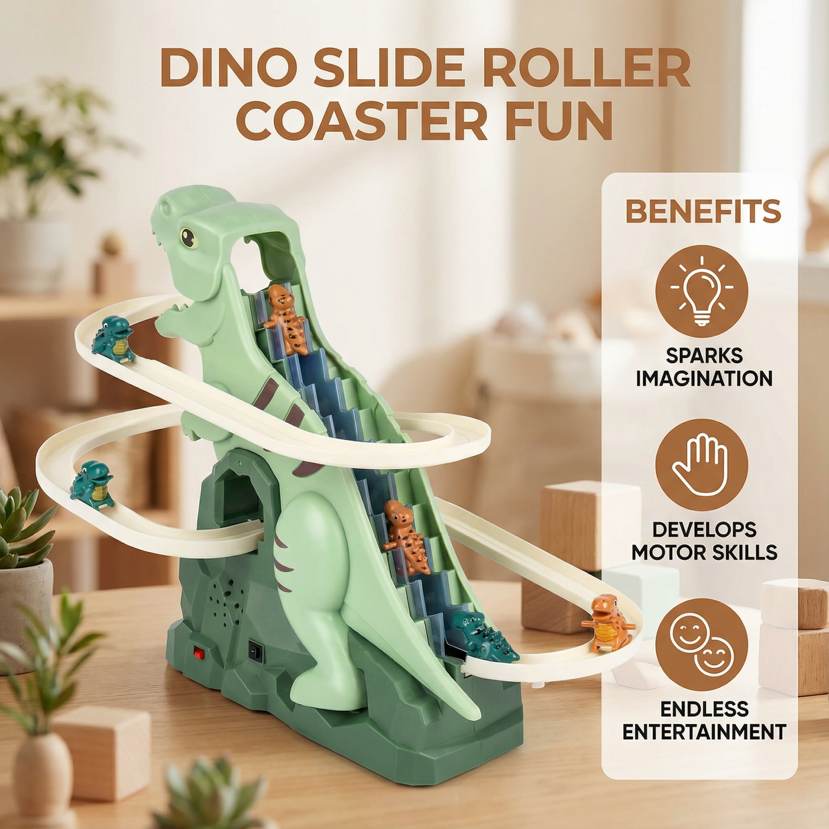 Colorful Dino Slide Roller Coaster Toy with Quick Assembly for Playrooms and Gardens