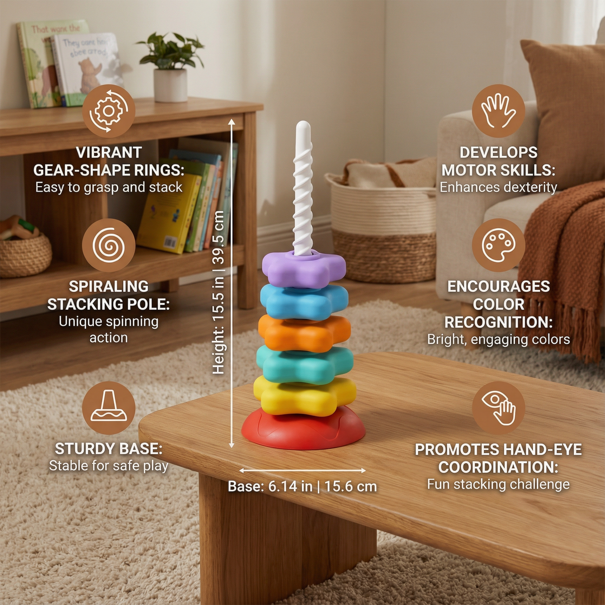 Rainbow Spin and Color Tower Toy for Kids with Stacking and Spinning Play