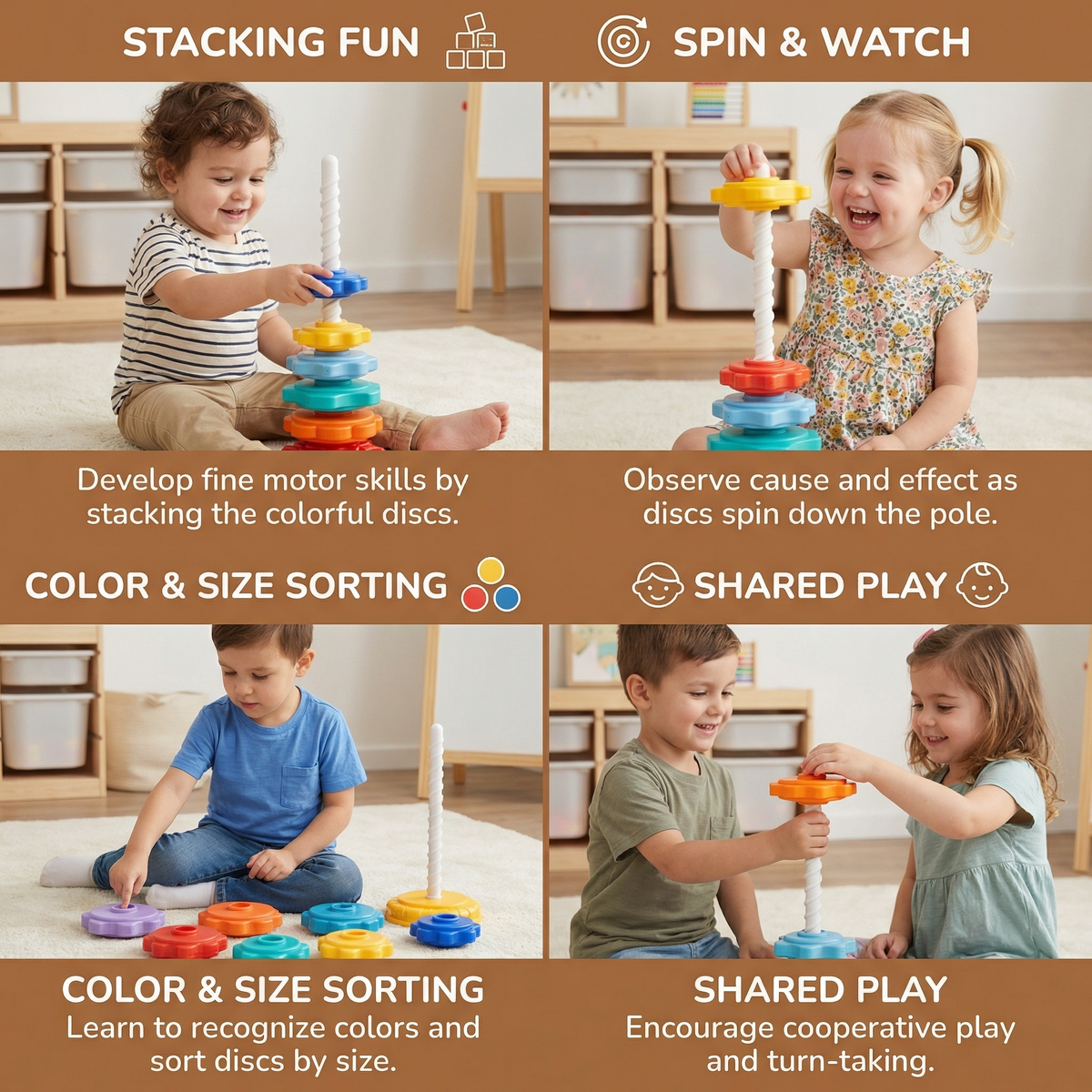 Rainbow Spin and Color Tower Toy for Kids with Stacking and Spinning Play