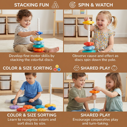 Rainbow Spin and Color Tower Toy for Kids with Stacking and Spinning Play