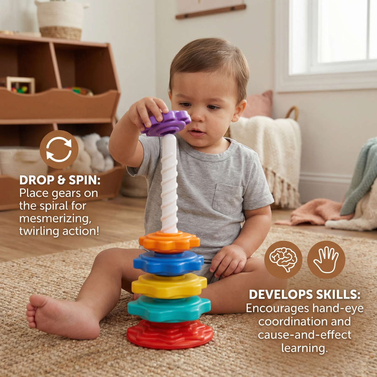Rainbow Spin and Color Tower Toy for Kids with Stacking and Spinning Play