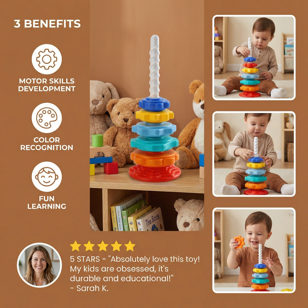 Rainbow Spin and Color Tower Toy for Kids with Stacking and Spinning Play