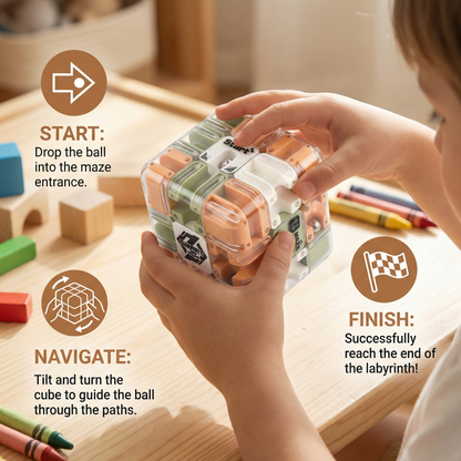 Transparent Maze Puzzle Cube with Metal Ball and Rolling Pathways