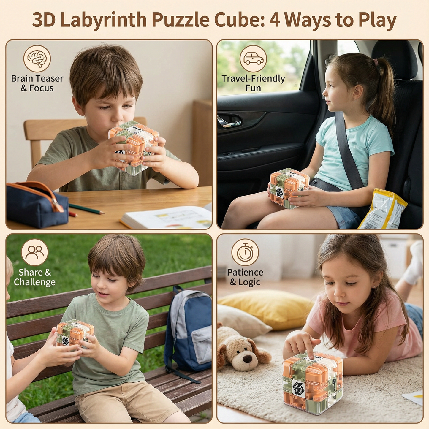 Transparent Maze Puzzle Cube with Metal Ball and Rolling Pathways
