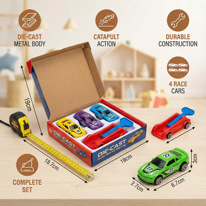 Catapult Race Car Set with 4 Die Cast Cars and One Click Launcher