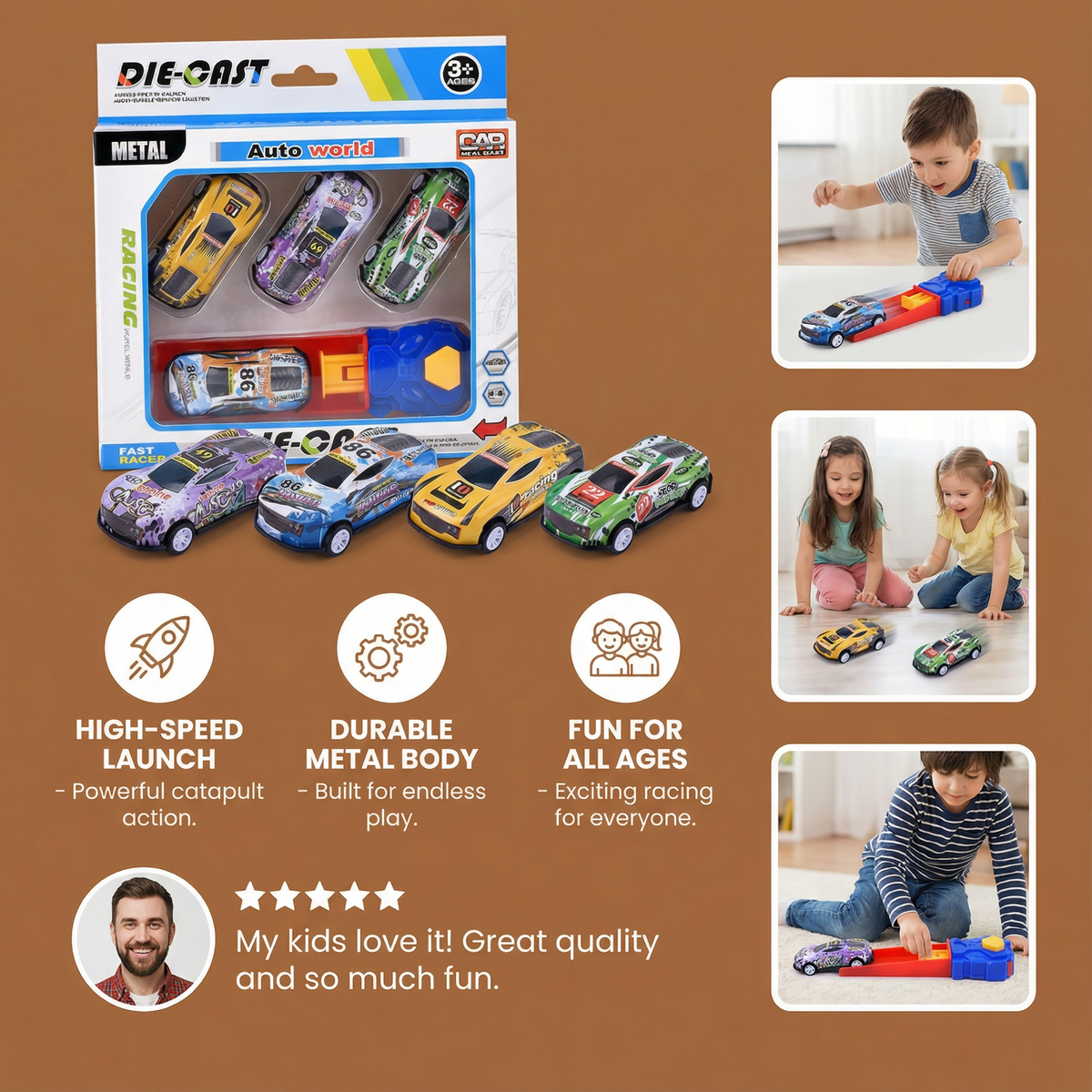 Catapult Race Car Set with 4 Die Cast Cars and One Click Launcher