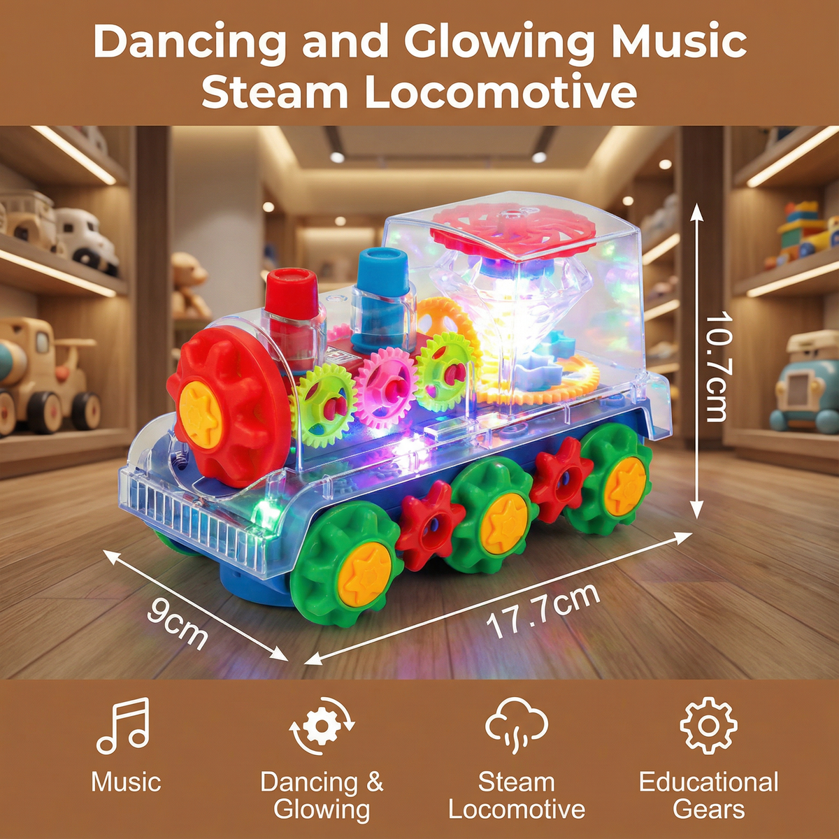 Musical Steam Train Toy with Glowing Lights and Automatic Motion for Kids Playrooms