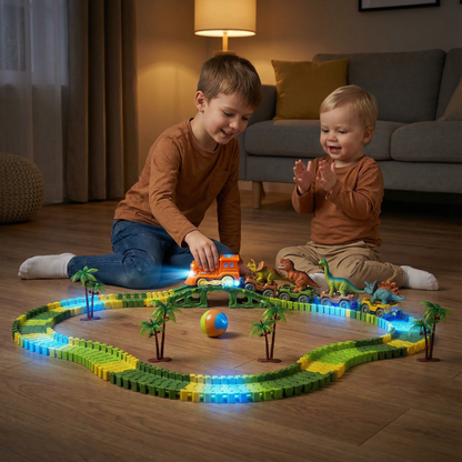 Dinosaur Race Track Set with Flexible Track Pieces and Glowing LED Train