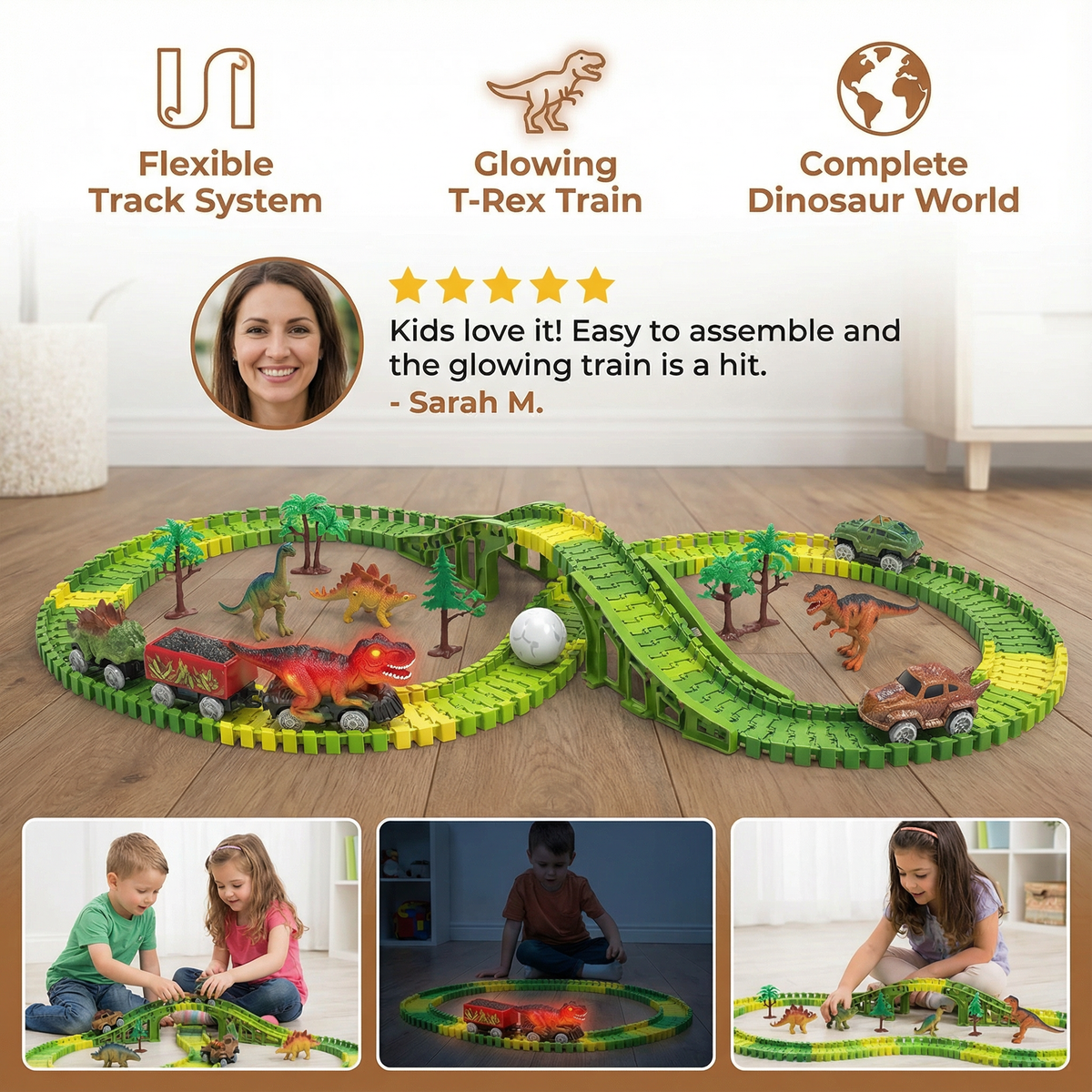 Dinosaur Race Track Set with Flexible Track Pieces and Glowing LED Train