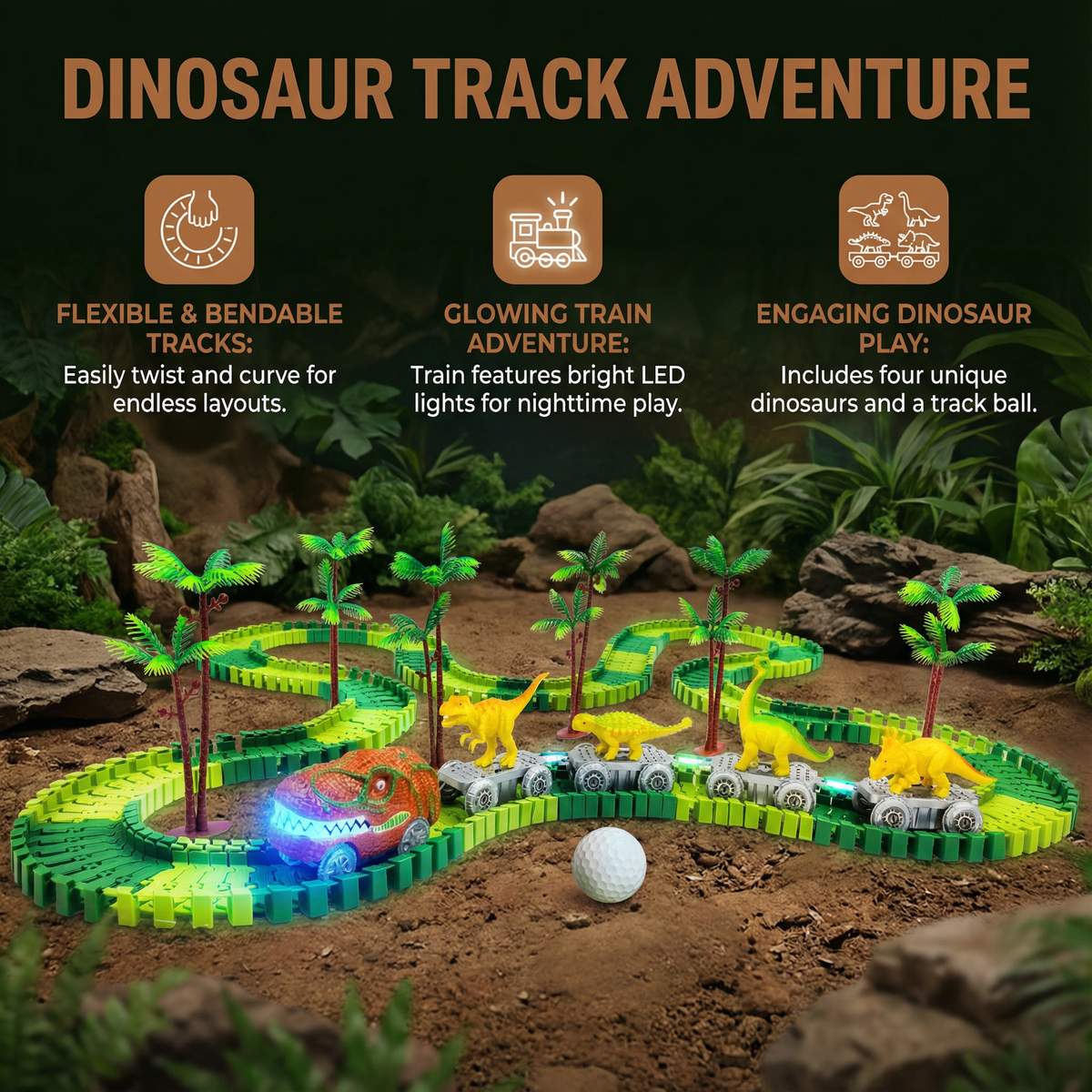 Dinosaur Race Track Set with Flexible Track Pieces and Glowing LED Train
