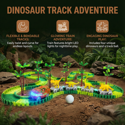 Dinosaur Race Track Set with Flexible Track Pieces and Glowing LED Train