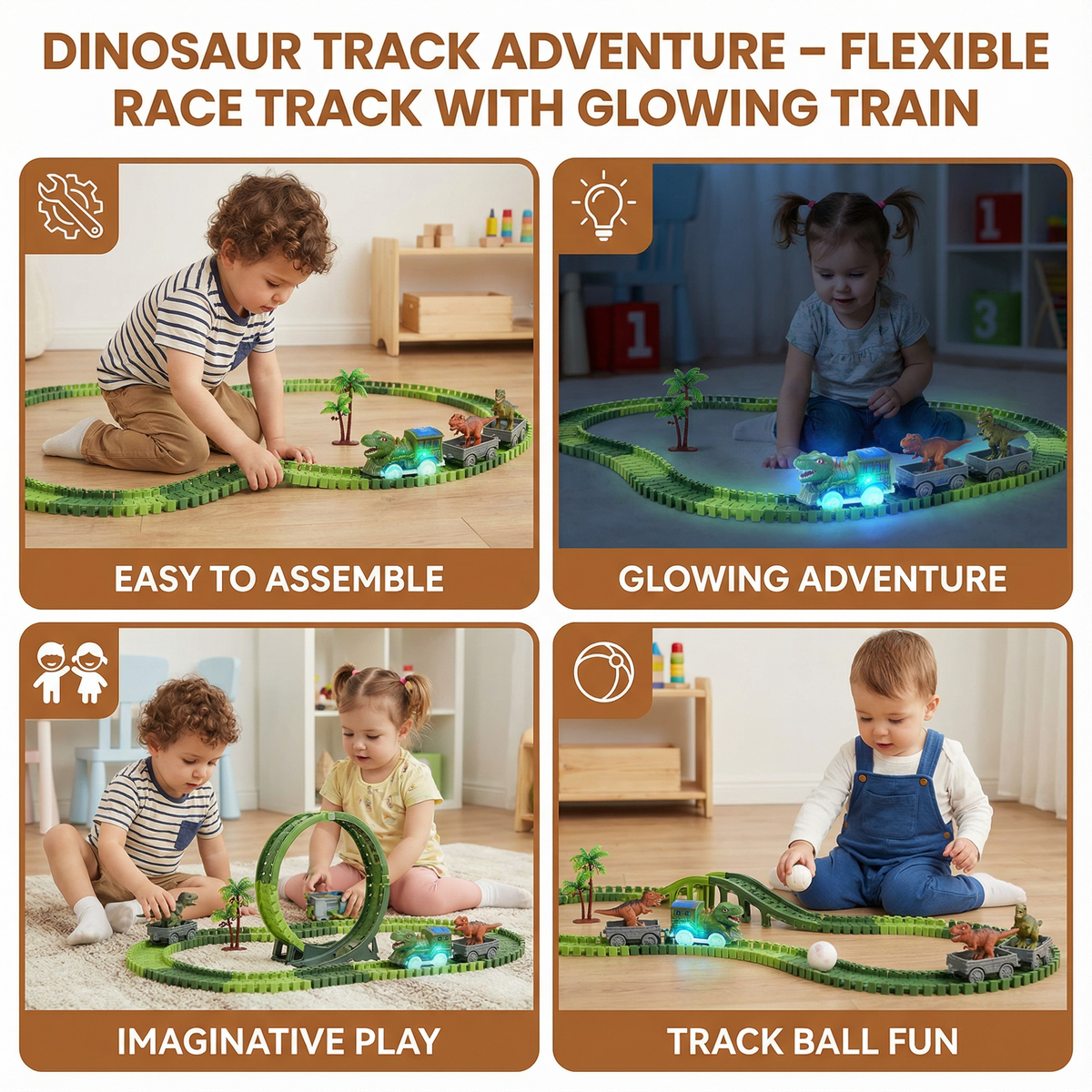 Dinosaur Race Track Set with Flexible Track Pieces and Glowing LED Train