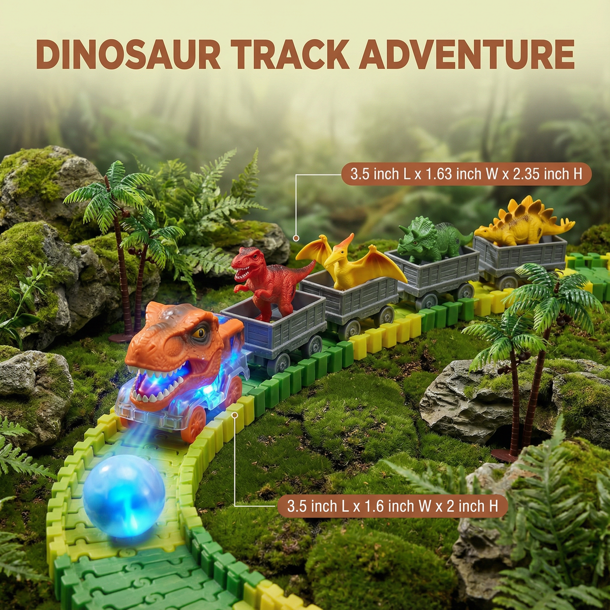 Dinosaur Race Track Set with Flexible Track Pieces and Glowing LED Train
