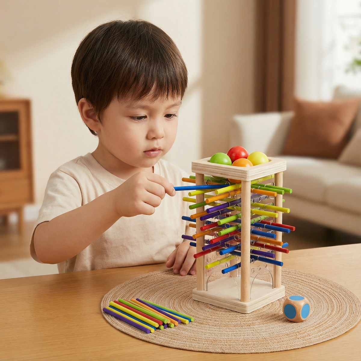 Wooden Ball and Stick Game with Three Play Styles for Color Matching and Careful Hands