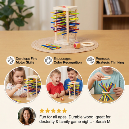 Wooden Ball and Stick Game with Three Play Styles for Color Matching and Careful Hands
