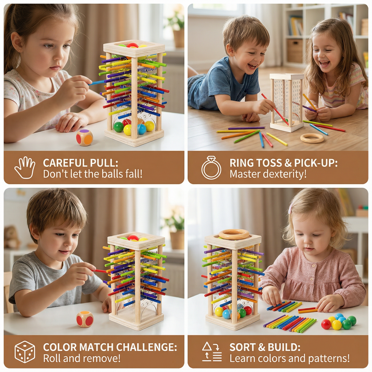 Wooden Ball and Stick Game with Three Play Styles for Color Matching and Careful Hands
