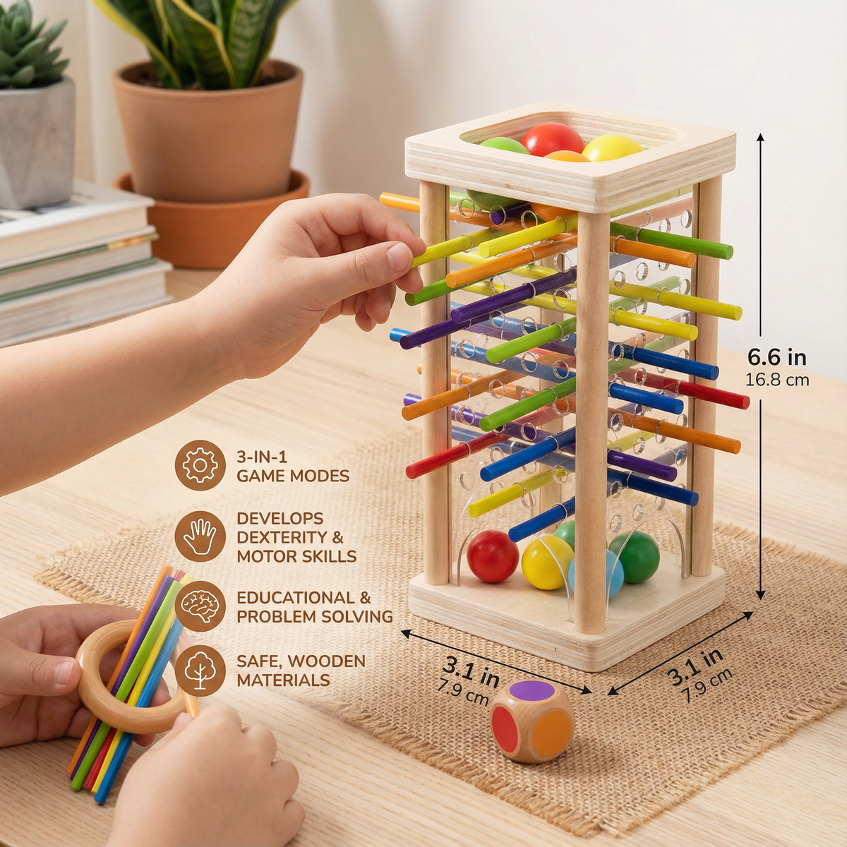 Wooden Ball and Stick Game with Three Play Styles for Color Matching and Careful Hands