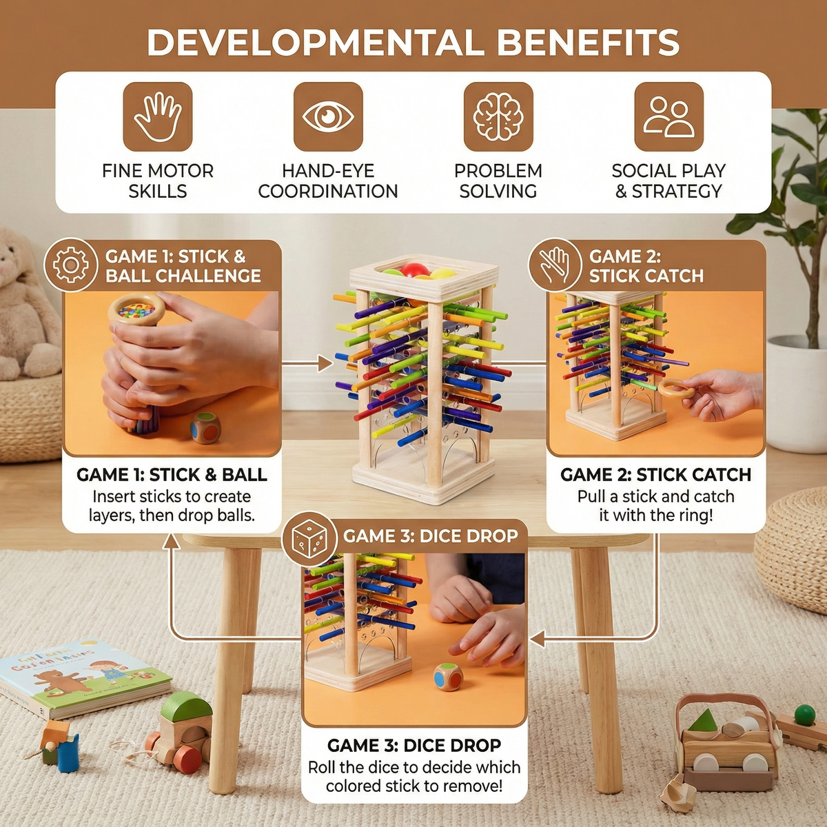 Wooden Ball and Stick Game with Three Play Styles for Color Matching and Careful Hands