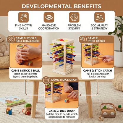 Wooden Ball and Stick Game with Three Play Styles for Color Matching and Careful Hands