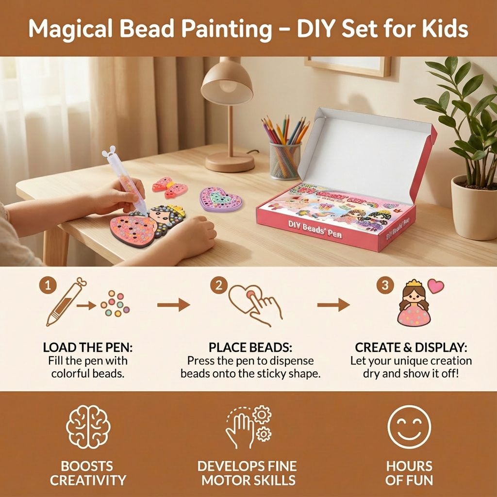 Kids Bead Painting DIY Craft Kit with Guided Designs in Five or Ten Design Sets