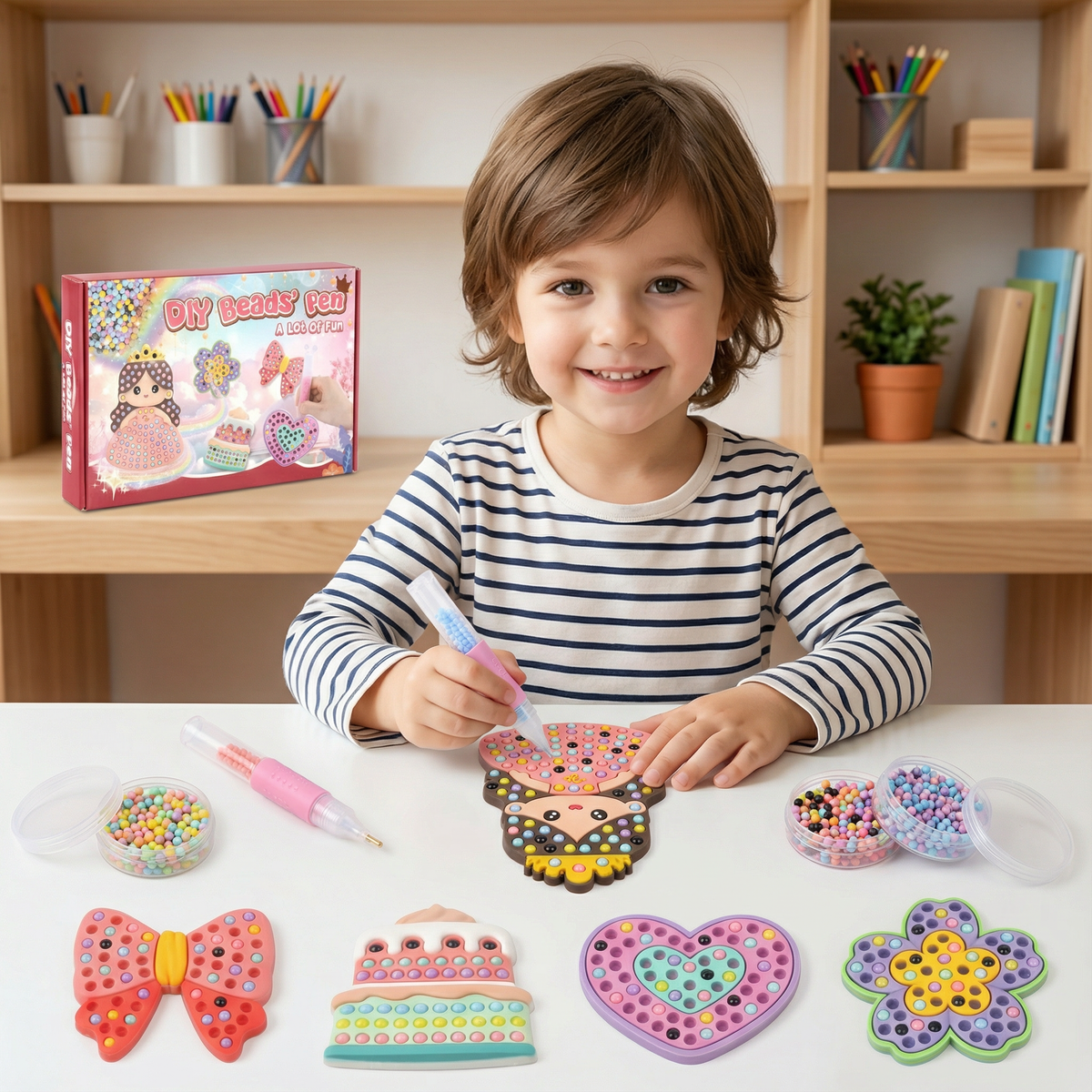 Kids Bead Painting DIY Craft Kit with Guided Designs in Five or Ten Design Sets
