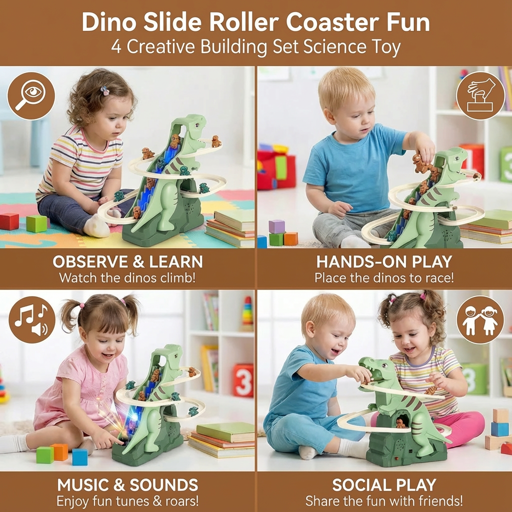 Colorful Dino Slide Roller Coaster Toy with Quick Assembly for Playrooms and Gardens
