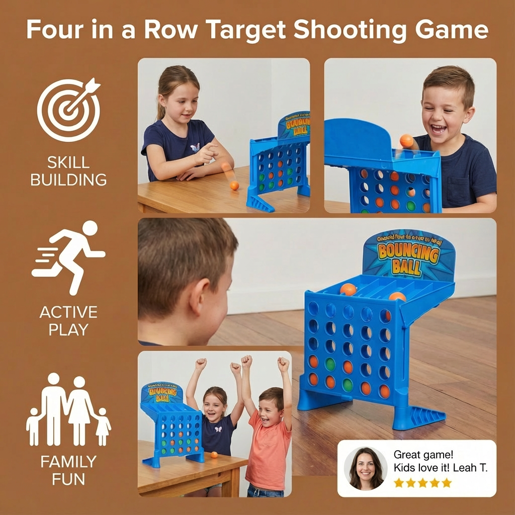 Bouncing Ball Target Game for Lining Up Four in a Row with a Foldable Grid and Carrying Case