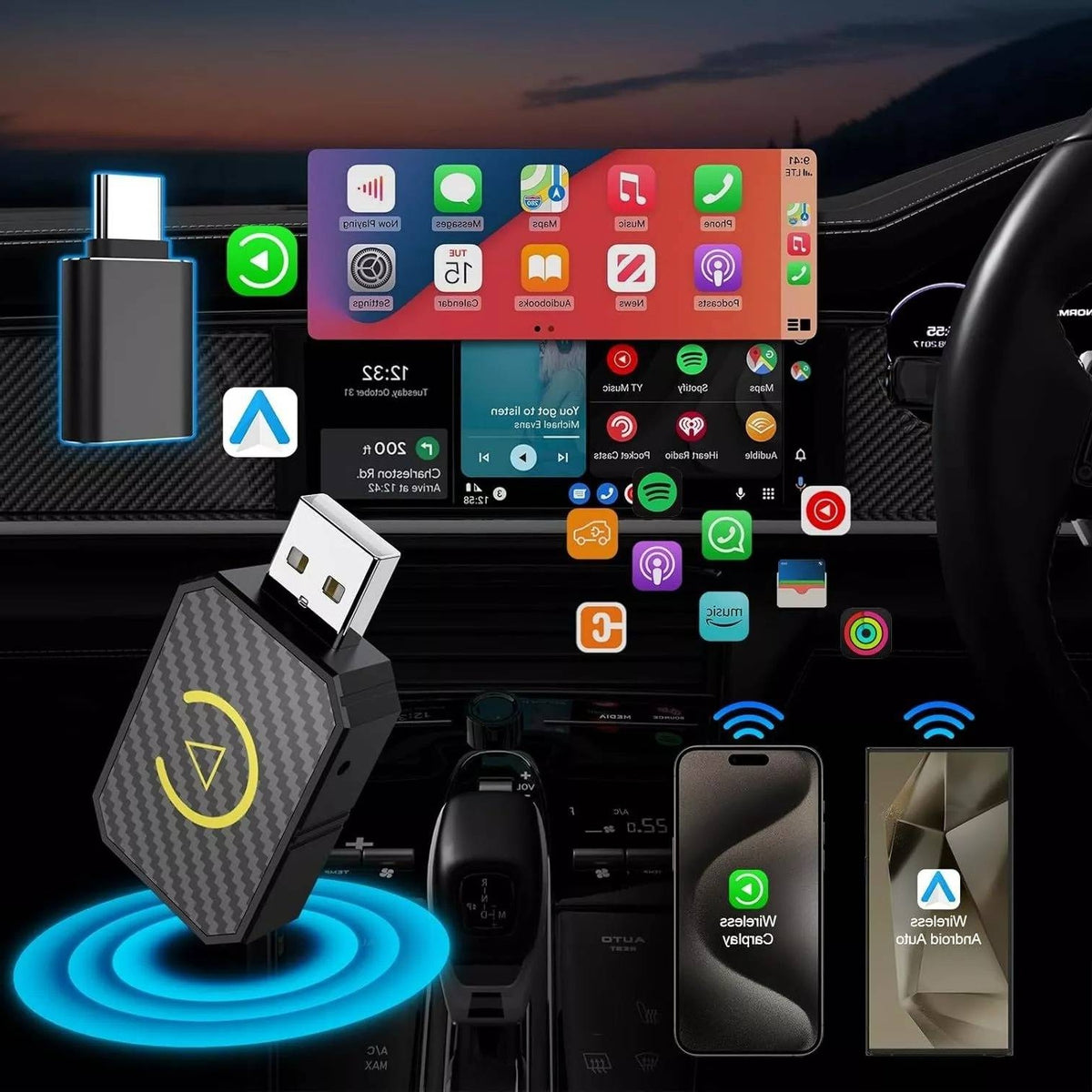 Wireless Phone to Car Display Adapter with Dual Band Connection and Auto Pairing